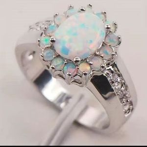 Opal Sunflower, Lab created, Flower Shape, Side Cubic Zirconia Fairy Ring size 6